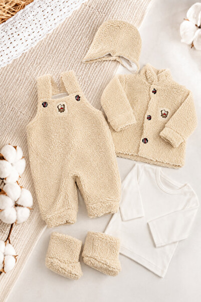 İZYALİF BABY Erkek Bebek Welsoft Peluş Astronot Tulum 5 Parça Hırka Şapka Pat...