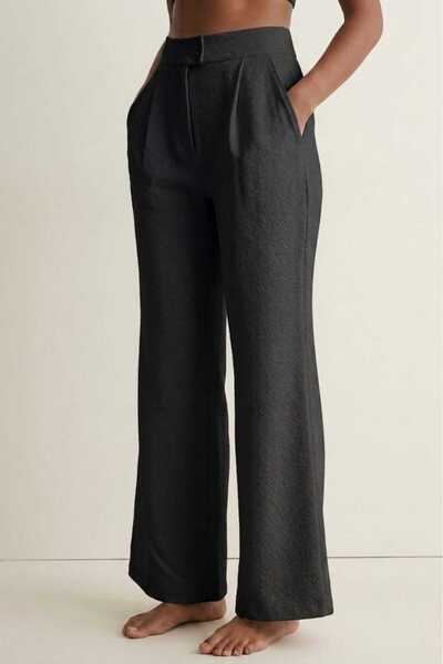 PORİENTO Black Women's High Waist Stretchy Textured Crepe Fabric Wide Leg Pal...