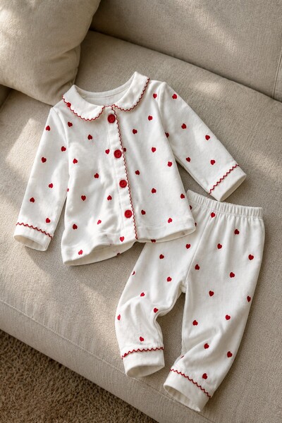 METEOR BABY Baby Girl Set - Pajama Set - Heart Patterned 2-Piece Set with Col...