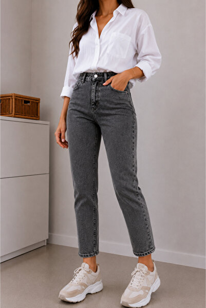 DELDNM Alley Kadın Füme Yüksek Bel Likralı Trend Mom Jean