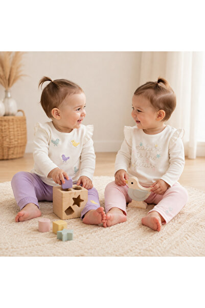 EDM Kidss %100 Pamuklu 2 Takım 4 Parça Kız Bebek Kuş Desenli Alt Üst Set – 2 Üst + 2 Pantolon Pembe Lila 3-12 Ay