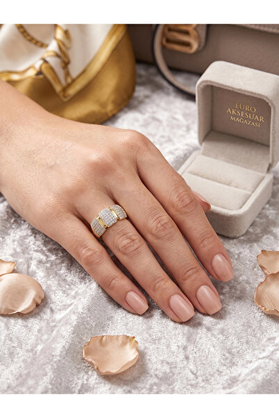 XUPING JEWELRY Xuping 14K Altın Kaplama 3 Bölmeli Zirkon Taşlı Kalın Yüzük (8...