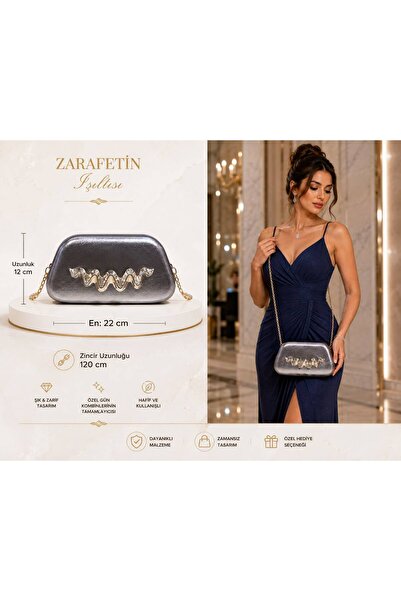 womenacs Platinum Color Rustic Material Design Evening Dress Clutch with Chai...