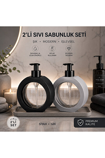 Mayden Concept 2'li Sıvı Sabunluk Seti Siyah Gri Yuvarlak Modern Tasarım Bany...