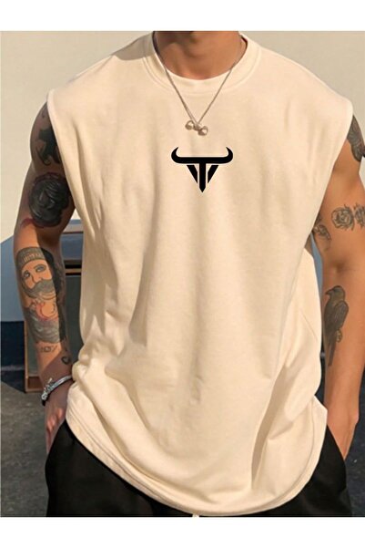 classy moda Men's Streetwear Street Fashion Oversized Printed Zero Sleeve Tan...