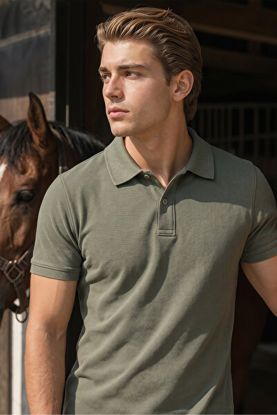 MAXIMILLIAN Men's Khaki 100% Cotton Short Sleeve Polo Collar Basic T-Shirt
