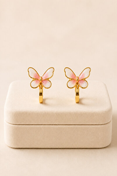 MakeWell Butterfly Figured Holeless Ear Clip Earrings – Pink Enamel Gold Colo...