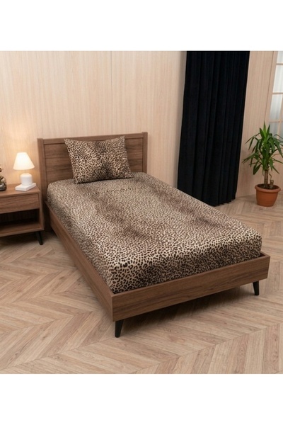 DENİZLİ ÇEYİZ Elastic Fitted Sheet Set Heart Pattern - Leopard Pattern (Singl...