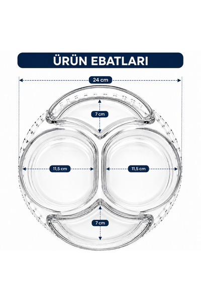 Aşkana yuvanıza aşkla... 5 Pieces 4-Compartment Glass Breakfast, Snack, Appetizer Plate, Presentation Serving Plate with Removable Glass Compartments 24 cm