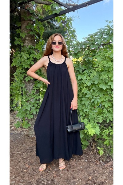 Boncuk Askılı Düz Pamuk Elbise 🖤
