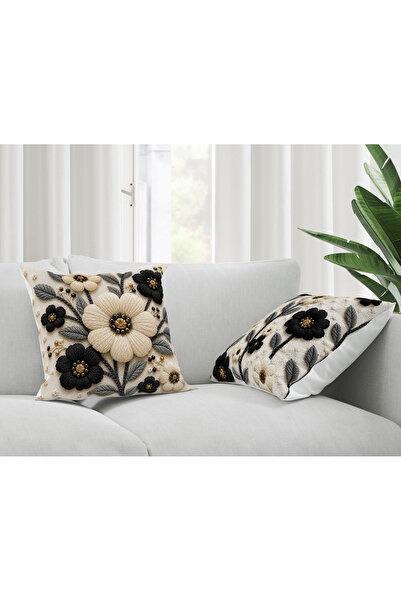 Şah Dekor Digital Printed Punch Embroidery Look Black Cream Floral Decorative...
