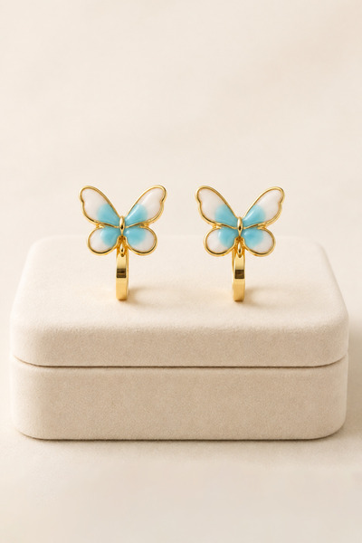 MakeWell Butterfly Figured Holeless Ear Clip Earrings – Pink Enamel Gold Colo...