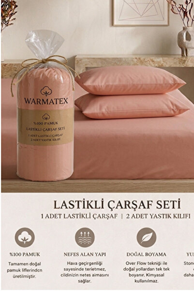 %100 Pamuk Kumaş Lastikli Çarşaf Seti - PUDRA
