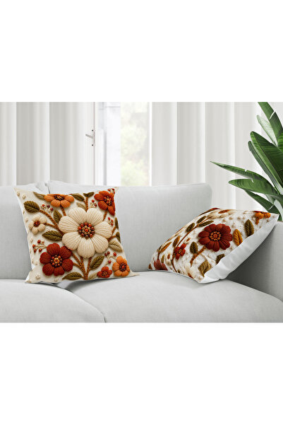 Şah Dekor Digital Printed Punch Embroidery Look Floral Decorative 2-Piece Thr...