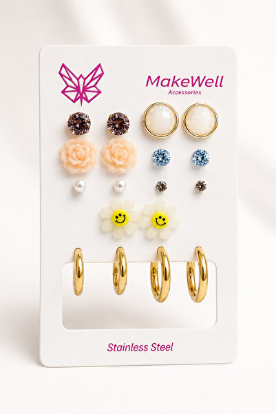 MakeWell 9 Pairs Women's Earrings Set – 7 Pairs Pierced Floral Pearl and Rhin...