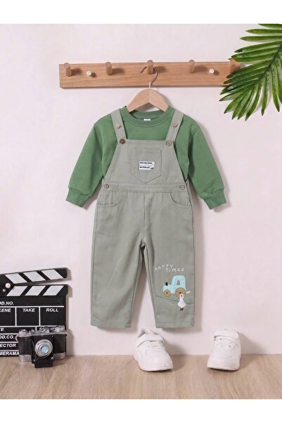NOTA KİDS Boy's Tractor Embroidered Gabardine Salopet Set – Sweatshirt and Su...