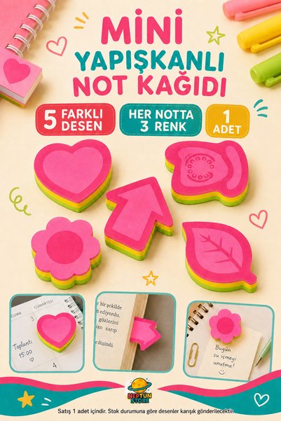 neptünstore Mini Yapışkanlı Not Kağıdı Şekilli Desenli Not Kağıdı