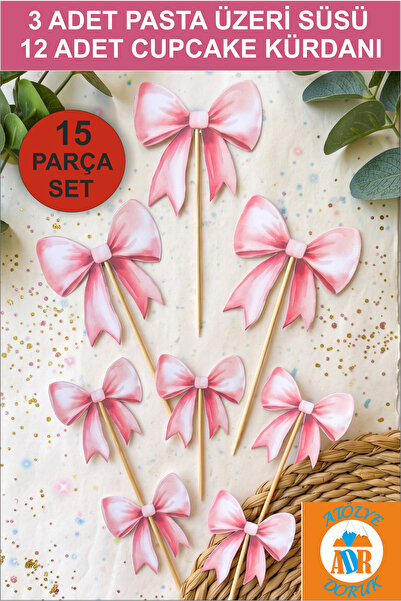 Atölye Doruk Pink Bow Toothpick Cake Decoration Baby Girl Cake Toothpick-Pink...