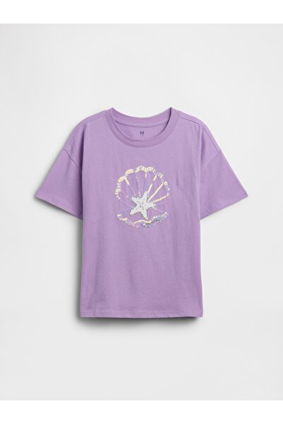 GAP Kız Çocuk Mor Relaxed Grafik Baskılı T-Shirt