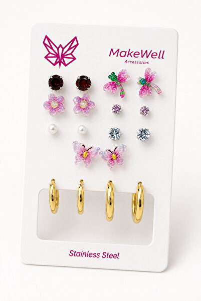 MakeWell 9 Pairs Women's Earrings Set - 7 Pairs Pierced Pink Butterfly Dragon...