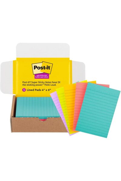 Post-it Süper Yapışkan Çizgili Notlar, 5 Yapışkan Not Defteri, 4x6", 2X Yapış...