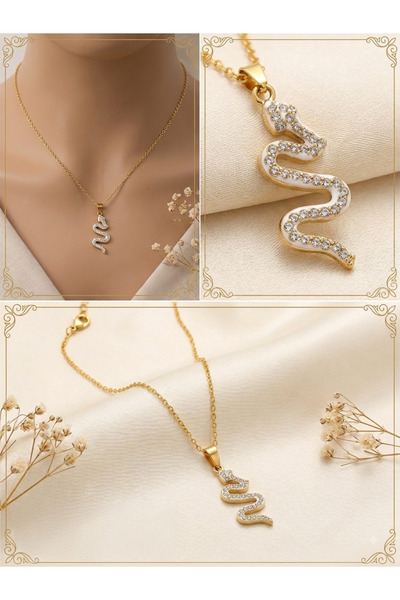 CharmPlay Women's Gold Plated White Enamel Zircon Stone Snake Figured Necklac...