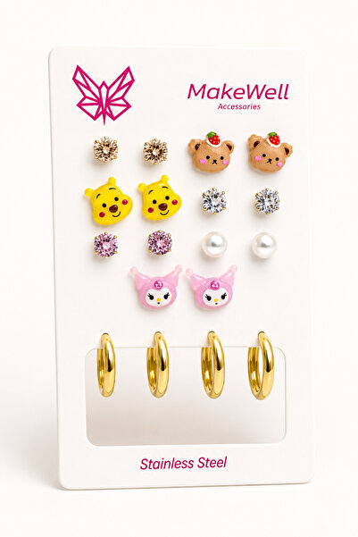MakeWell 9 Pairs Women's Earring Set – 7 Pairs Pierced Cute Bear Character Pe...