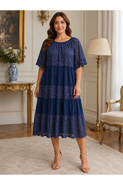 Italy Moda Navy blue Midi Length dress with Lace
