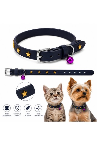 Baron Pet Gerçek Deri Kedi ve Küçük Irk Köpek Tasması Yıldız Detaylı Zilli - ...