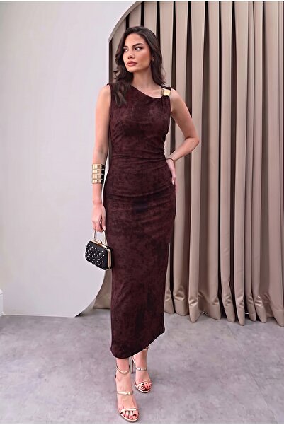 ALFUDO Moda Collection Drapeli Yağlı Desen Bordo Renk Toka Detaylı Midi Mezun...