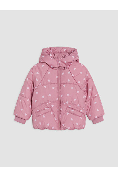 LC Waikiki Rmz Gi̇yi̇m Farkiyla Heart Embroidered Hooded Girl's Puffer Coat