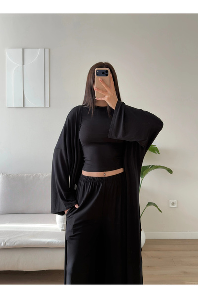 Zoom Butik Üçlü Hırkalı Viskon Takım - SİYAH