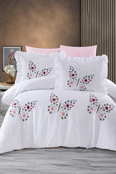 İK TEKSTİL Butterfly Flower Embroidered 100% Cotton 6 Piece Double Duvet Cove...