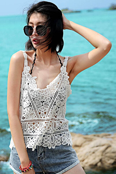 VeeShop Top larg de vara, tip maieu, crosetat, model floral