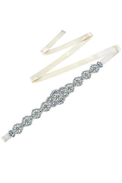 VeeShop Centura de mireasa eleganta, medalioane florale cu cristale si perle cusute pe panglica - Ivoire