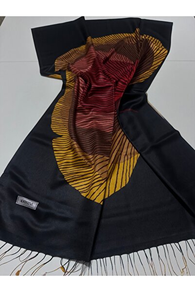 ipekevi Black Gold Silk Tree Patterned Silk Shawl