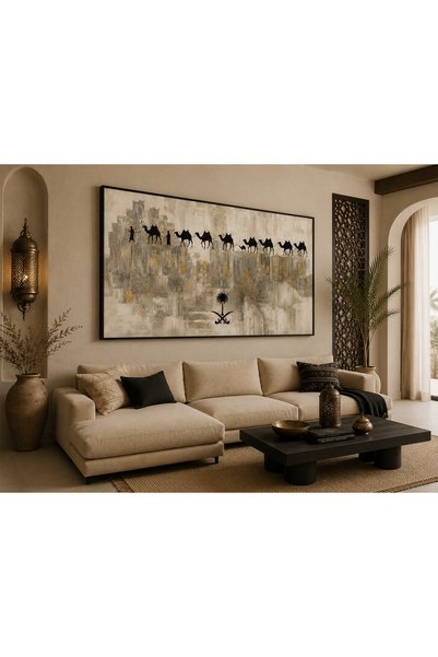 Ghaith Store لوحة قافلة الصحراء ( بإطار أسود ) ديكور جداري فاخر بتصميم تراثي للمجلس والصالون والمنزل ✨