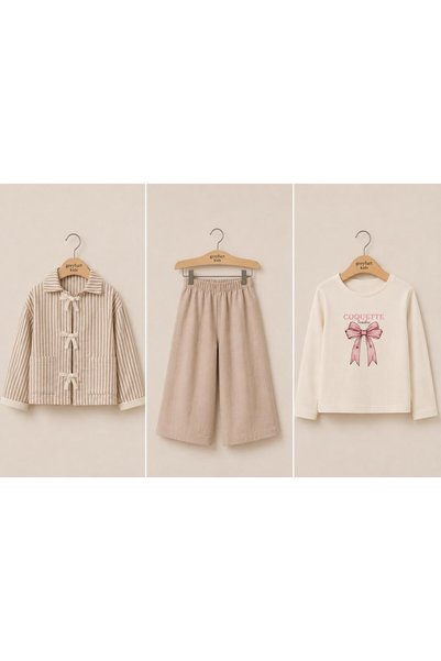 GREYFURTKİDS Bowknot Detailed Striped 3-Piece Girls' Top and Bottom Set Brown