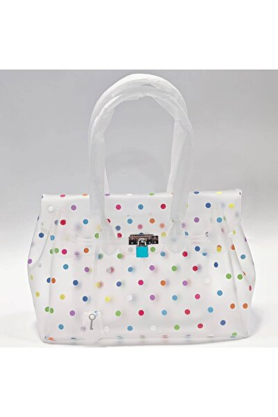 BAGS شنطة جيلي شفافة خفيفة ومقاومة للماء – مقاس 35×24×17 سم - ابيض منقط الوان