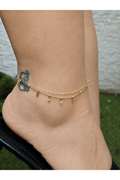Roseliere Jewelry 14K VIP Kaplama Yaprak Detaylı Çift Zincir Altın Halhal Kad...