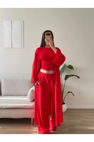 Zoom Butik Üçlü Hırkalı Viskon Takım - KIRMIZI