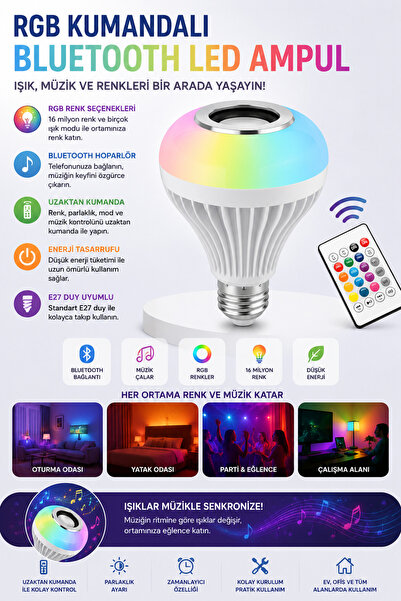 ALL FAST RGB Kumandalı Bluetooth LED Ampul E27 Duy Uyumlu Hoparlörlü Renk Değ...