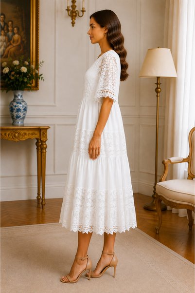 Italy Moda Rochie din matase si vascoza cu insertii de dantela