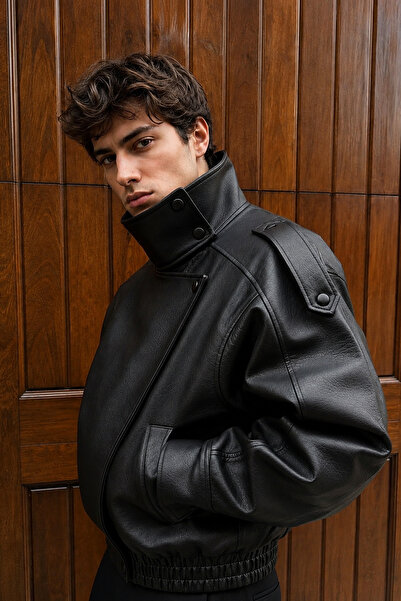 Bossago Zra Men's Black Stand Collar Premium Leather Jacket with Epaulet Detail