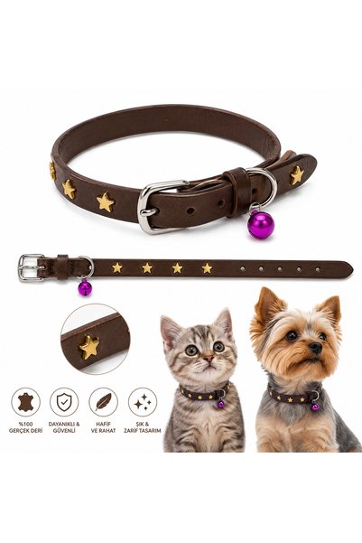Baron Pet Gerçek Deri Kedi ve Küçük Irk Köpek Tasması Yıldız Detaylı Zilli - ...