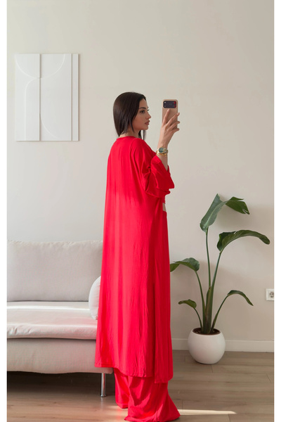 Zoom Butik Üçlü Hırkalı Viskon Takım - KIRMIZI