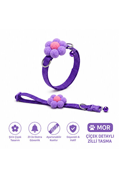 Baron Pet Ponpon Çiçek Süslemeli Zilli Kedi Tasması Ayarlanabilir Emniyet Tok...