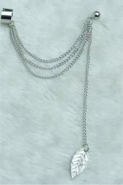 VeeShop Cercel tip ear cuff, frunza cu lantisor triplu si biluta - Argintiu, Urechea stanga sau dreapta