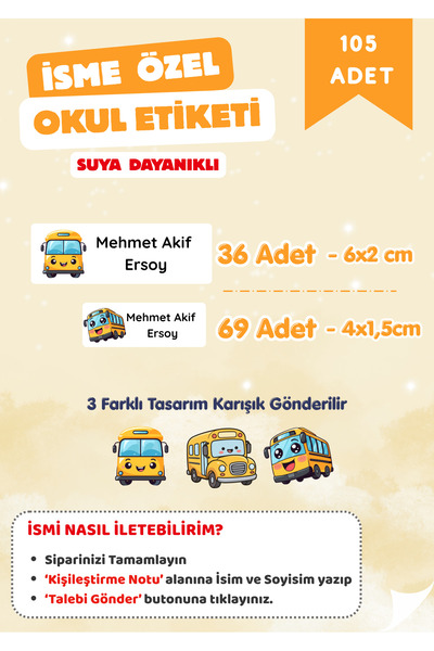 Miko Miko Şeyler 105’li Okul Servisi Temalı Kişiye Özel Okul Etiketi / Sticker