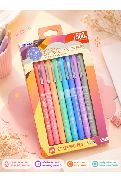 ÖZ OFİS CHOSCH 8’li Roller Kalem Seti 0.5 mm Pastel Renkli Tükenmez Kalem Kut...